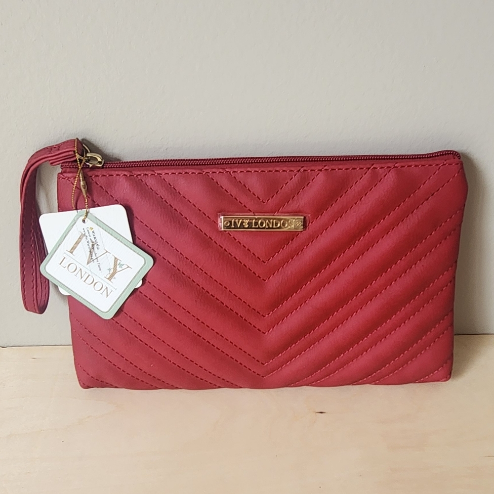 Red wristlet/clutch handbag.